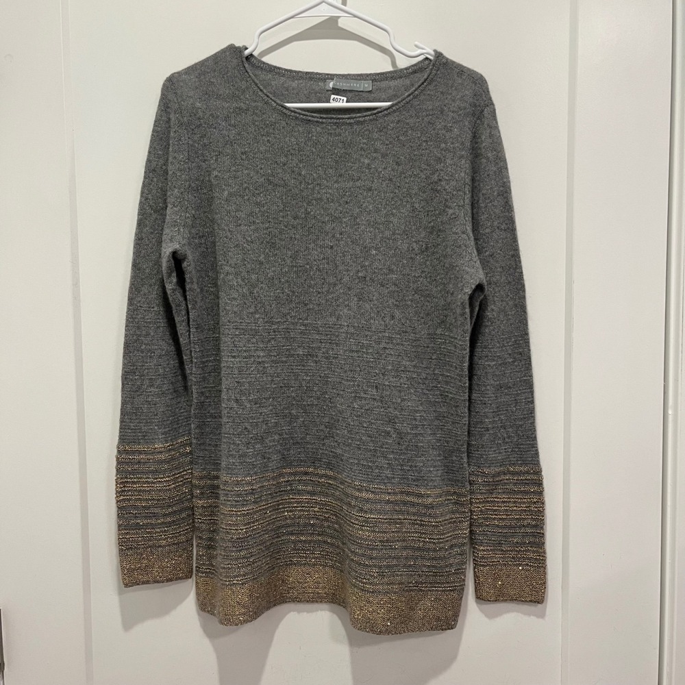 CASHMERE Gray Gold Metallic Cashmere Long Sleeve Crew Neck Sweater Medium